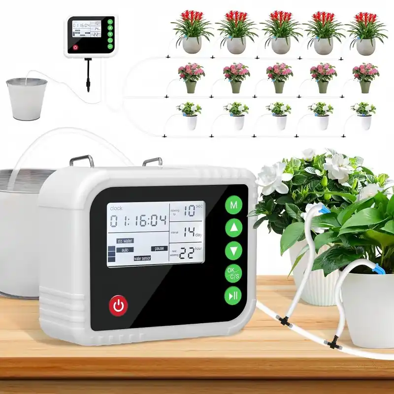 Automatisches Tropfbewässerungsset mit LCD-Programmierung – Dual-Modus (Auto/Manuell), 2200mAh, IP65, für Indoor & Outdoor, 15m Schlauch Aktuell