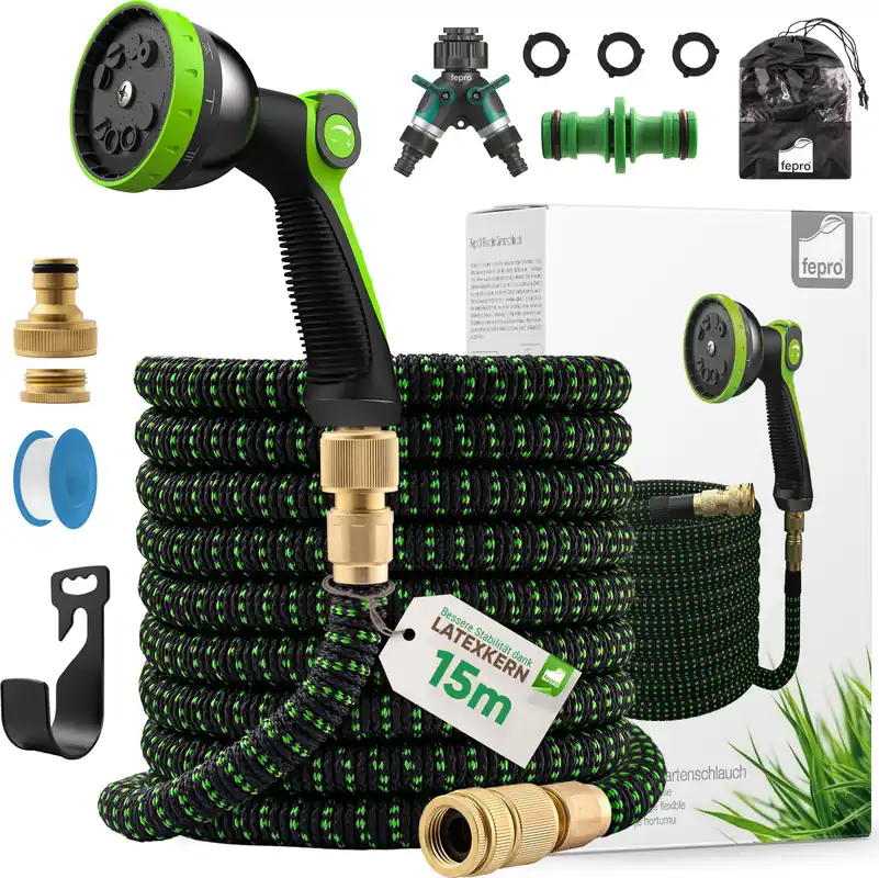 Letzte Chance Fepro® Flexibler Gartenschlauch mit 10 Funktion 15m Premium, Wasserschlauch flexibel mit 3-Fach Latexkern inkl. Vollmessing Adapter für 1/2‘ 3/4‘ Zoll, Tasche, 2-Wege Ventil und Wandhalterung