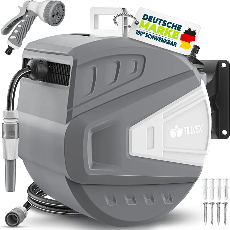 Super-Preis tillvex Schlauchtrommel Wasser 35+2m Grau mit Wandhalterung + Tragegriff Schlauchaufroller mit Handbrause und Gartenschlauch 180° Schwenkbar Wand-Schlauchbox mit Aufroll-Automatik