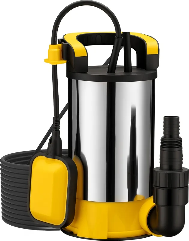 Ausverkauf Wiltec Tauchpumpe mit Schwimmer Edelstahl 400 W, flachabsaugende Pumpe bis 1 mm, Tiefbrunnenpumpe bis 7 m Tiefe & 5 m Förderhöhe, Flachsaugerpumpe für Klarwasser