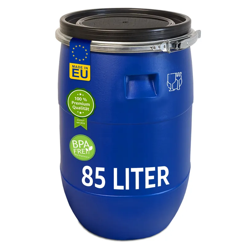 Top-Angebot plasteo® 85 Liter Weithalsfass mit Deckel + Spannring Lebensmittelecht Futtertonne Kunststofffass Universalfass Deckelfass Maischefass Sauerkrautfass