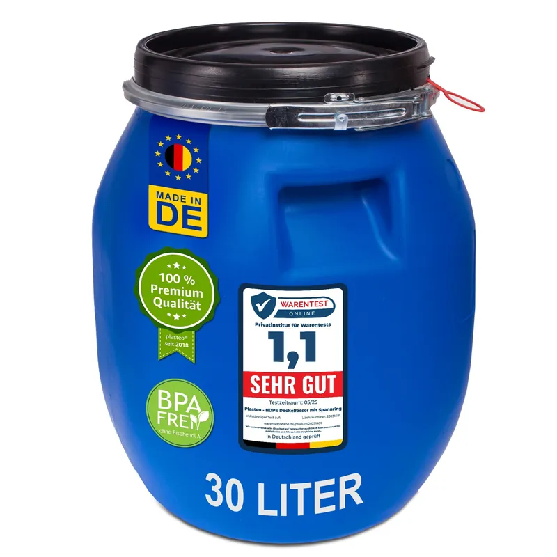Sonderaktion plasteo® 30 Liter Deckelfass Weithalsfass mit Spannverschluss Futtertonne Plastikfass Lagerfass Campingfass Transportfass Maischefass Regenfass