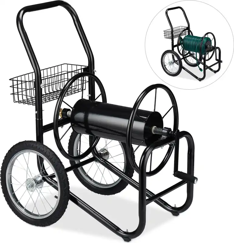 Relaxdays Schlauchwagen, bis 90 m, 2 Räder, Klickkupplung, Schlauchtrommel Metall, Schlauchabroller Garten, schwarz Kracherpreis