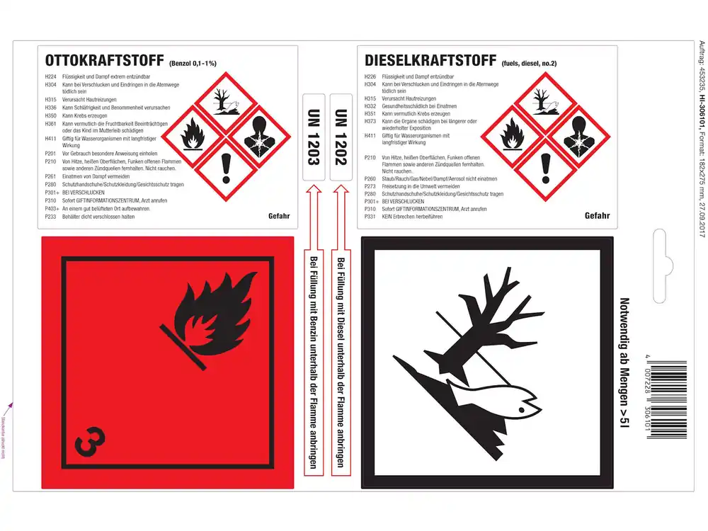 Gefahrstoff-Aufkleber für Ottokraftstoff Dieselkraftstoff Sale